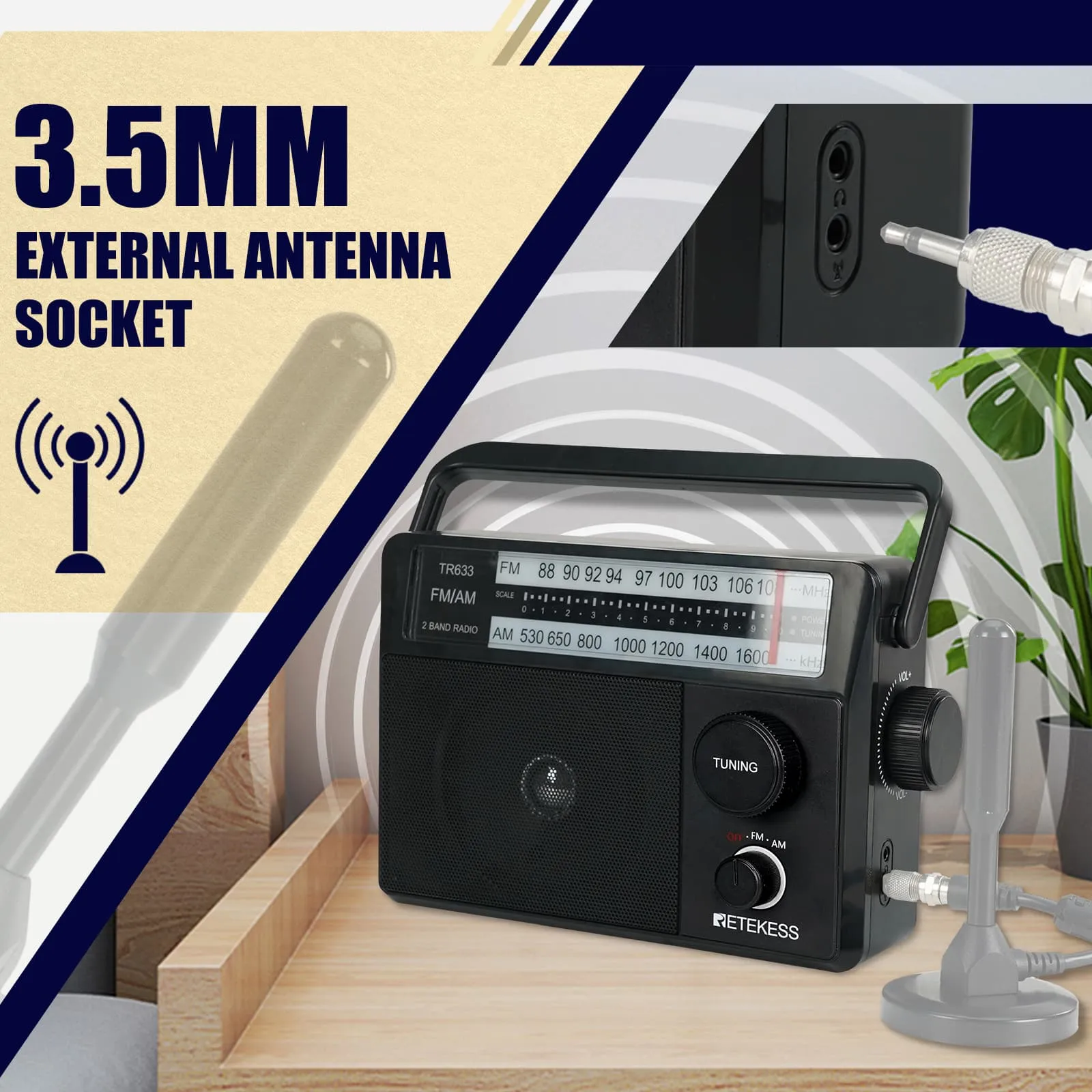 Retekess TR633 Radio Portable,Radio AM FM, Transistor,Excellente Réception et Grand Haut-Parleur,Simple pour Personnes Âgées (Noir)