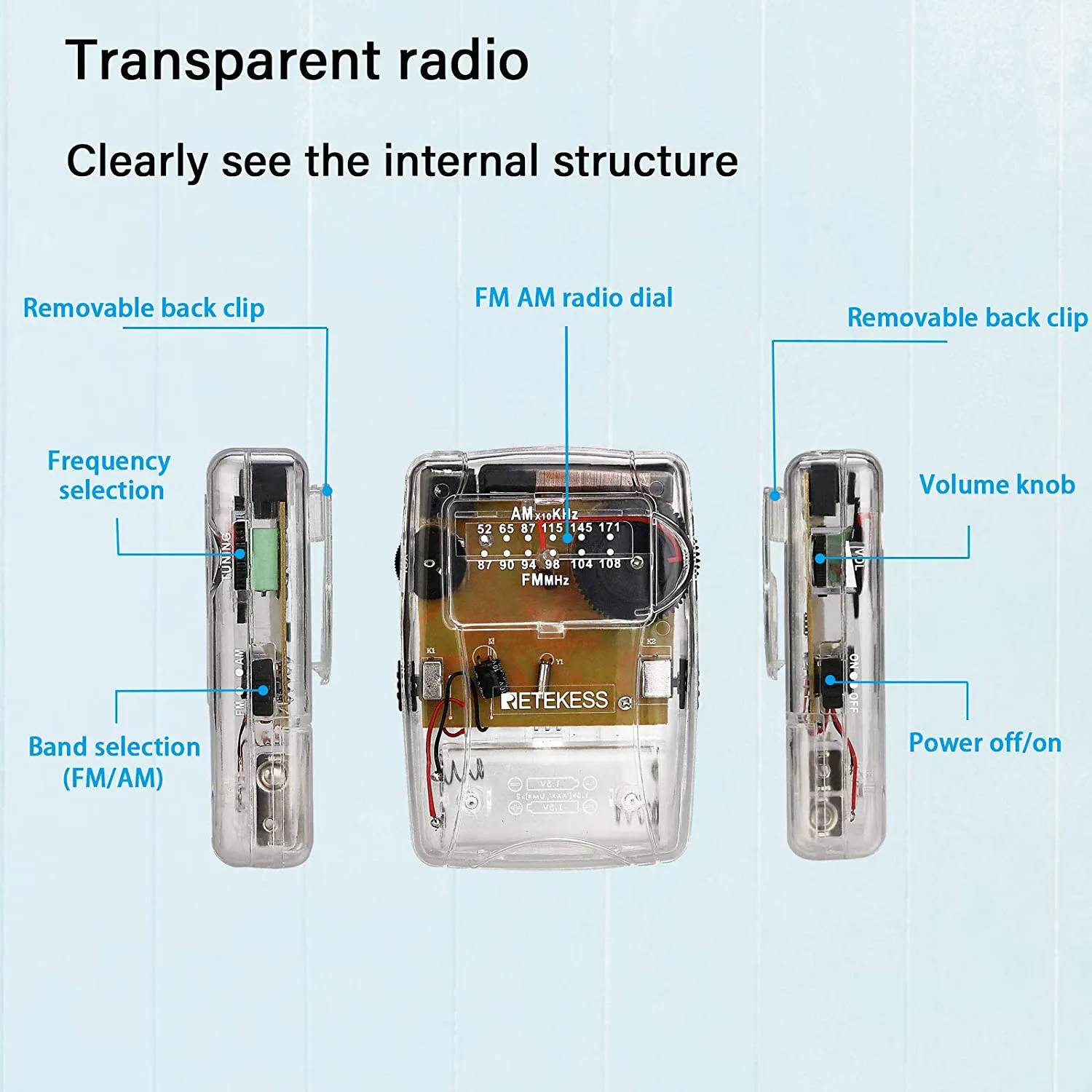 Retekess TR624 AM/FM Radio de Poche Radio Transparente Version Claire avec 3.5mm Casque, Clip de Ceinture pour Collectionneurs et Amateurs de Radio 