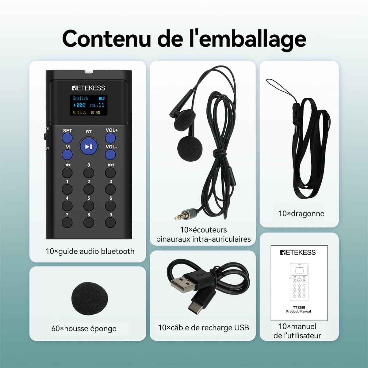 Système Guide Touristique Sans Fil Retekess TT106S - 1 Émetteur + 15 Récepteurs - Portée 200m - Charge USB - Pour Groupes, Musées, Visites