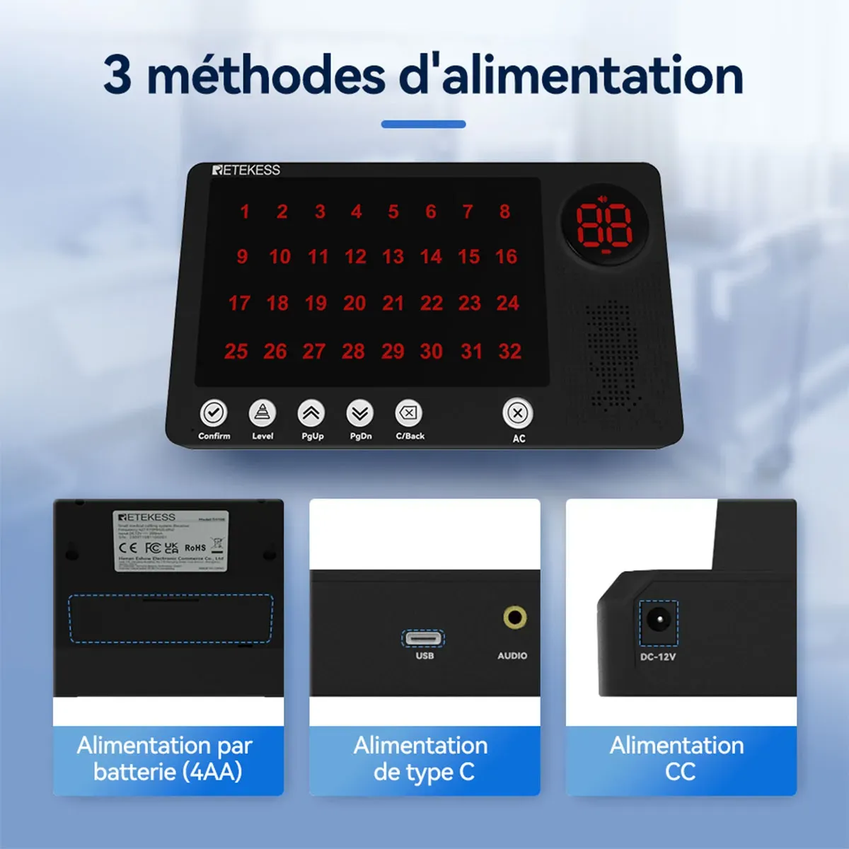 Retekess Appel Malade Hopital Système TH107 Récepteur Hôte avec Étanche IP67 à Deux Boutons TH008 pour Hôpital, Clinique, Maison de Retraite