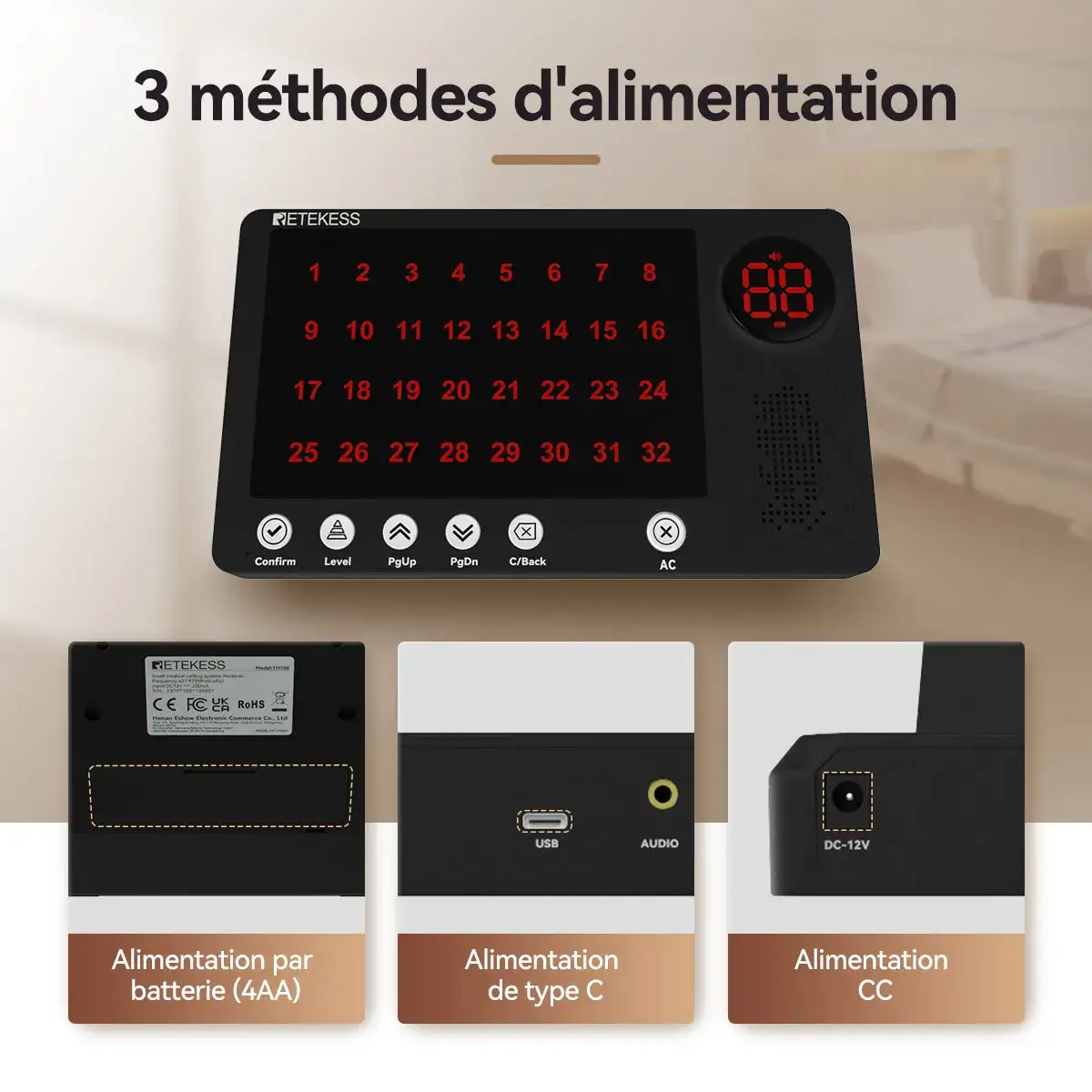 Retekess Système D'appel Infirmier Longue Portée 2000M TH108 Récepteur Hôte avec IP67 Étanche Bouton D'appel TH010 pour Soignants