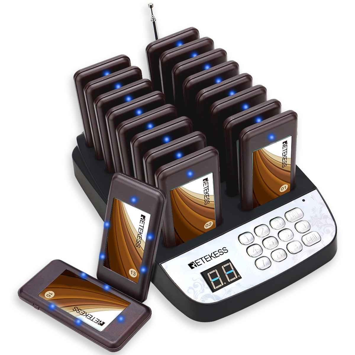 Retekess T113 Système d’Appel sans Fil Petit Restaurant Bipeur 16 Bipeurs pour Restaurant Snack-Bar Église