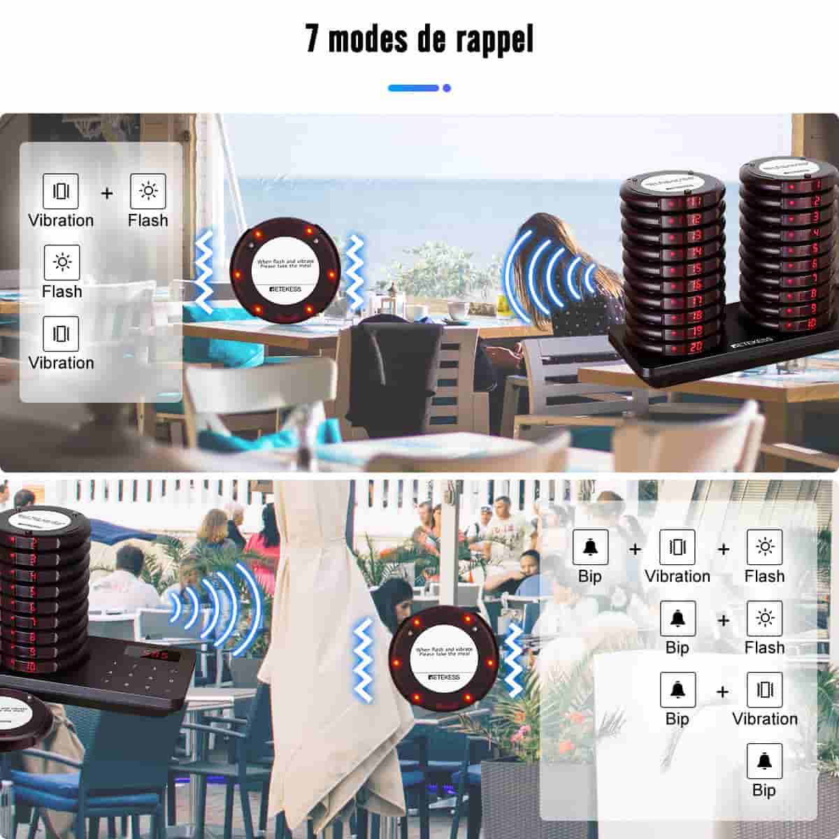 Retekess TD163 Bipeur pour Restaurant, Mini Système d’Appel sans Fil, 20 Coasters , Charge en Acier Inoxydable, 31 Modes d'Appel 250s Durée 20H Standby, 400M Écran Tactile Facile à Utiliser Hôpital, Restaurant