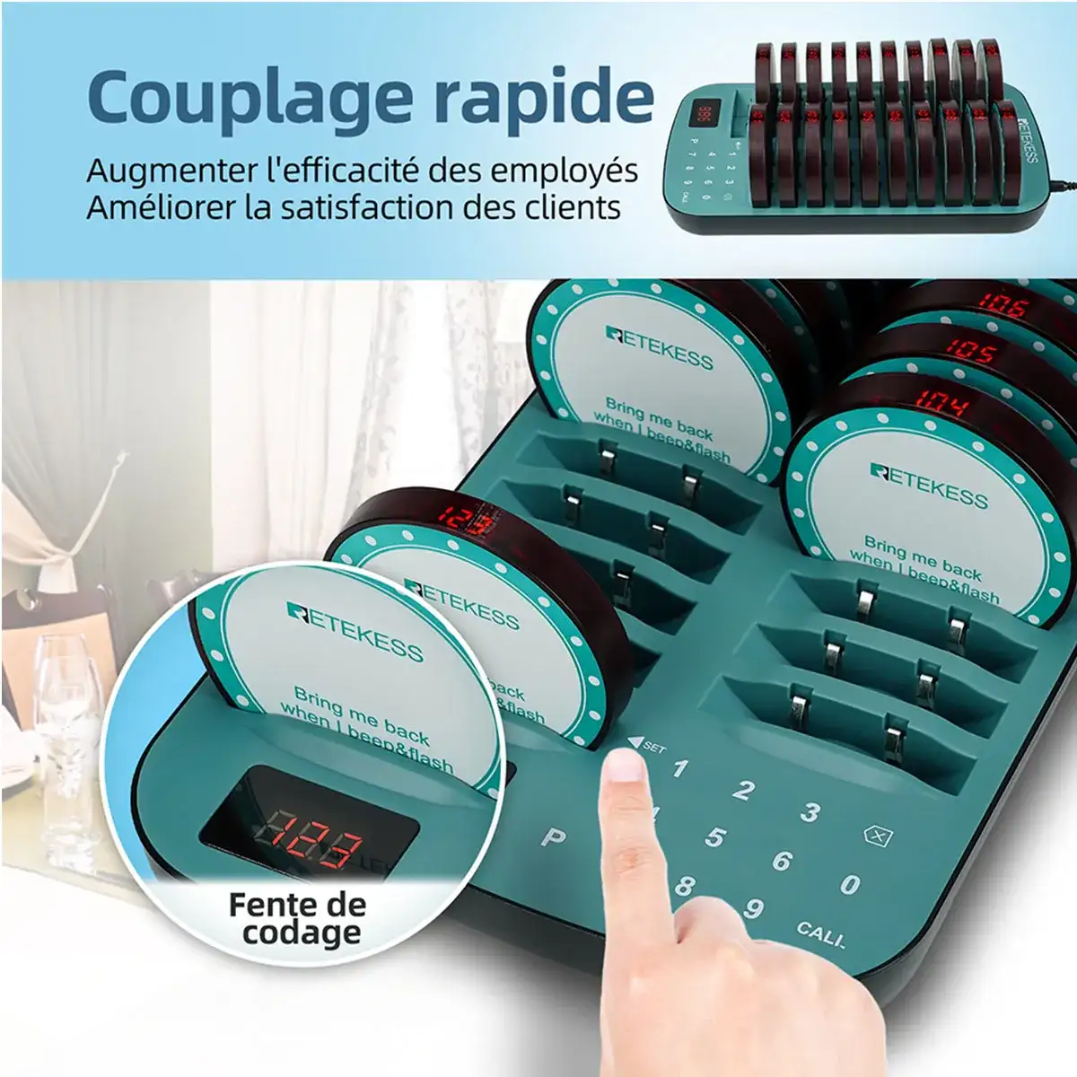 Retekess TD167A Bipeur Restaurant Vibreur avec 20 Bipeurs, Distance de Travail 500 m, Emplacement de Codage Indépendant, Appairage Rapide
