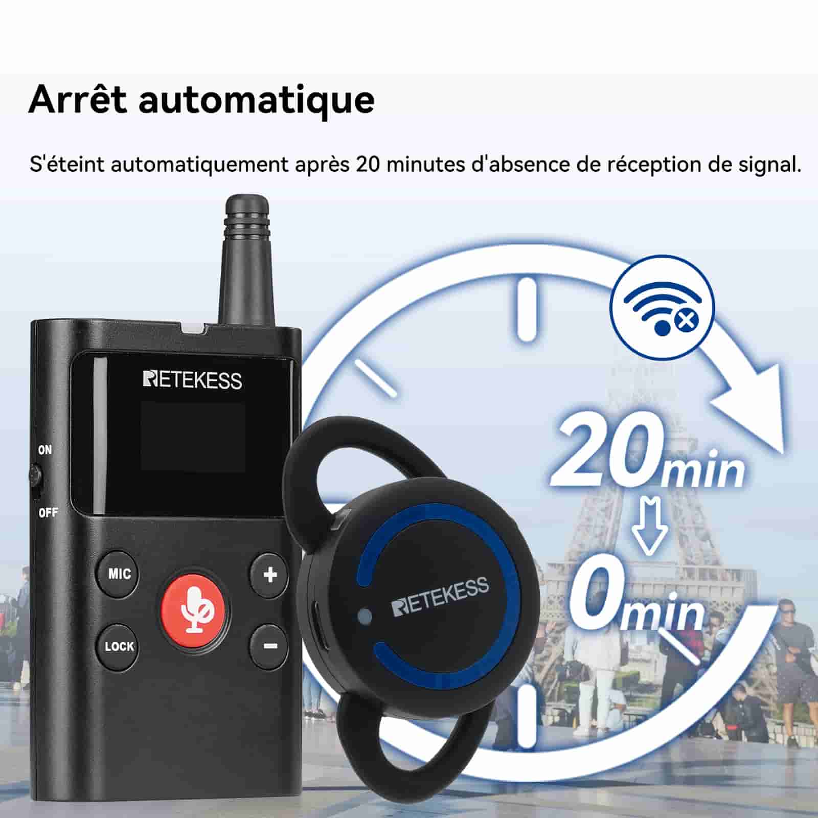 Retekess TT126 Système de Guide Touristique Bidirectionnel, Équipé d'un Récepteur Contour D'oreille TT126R, Adapté aux Attractions Touristiques et aux Visites D'usines
