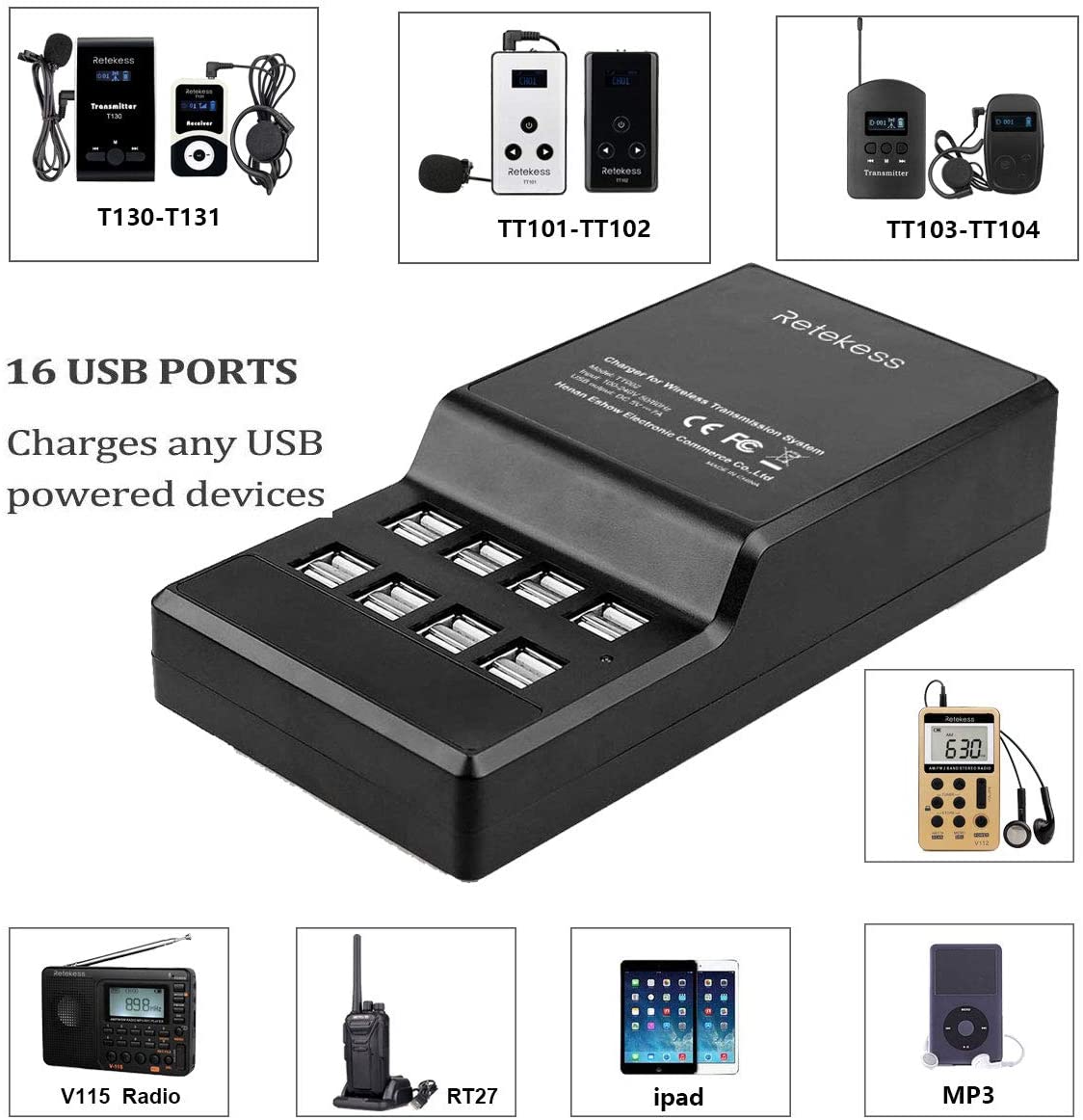 Retekess TT002 16 Ports USB Base de Chargeur pour Système de Guide Touristique