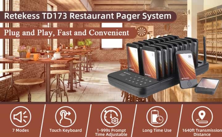 Retekess TD173 Bipeur Restaurant, Système d’Appel sans Fil, 500M Longue Distance Bipper, 7 Mode d’Appel, 1-999s Rappel, 20 Buzzer de Pager, Plus à Un Appel, pour Restaurants, Bars, Cour de Récréation
