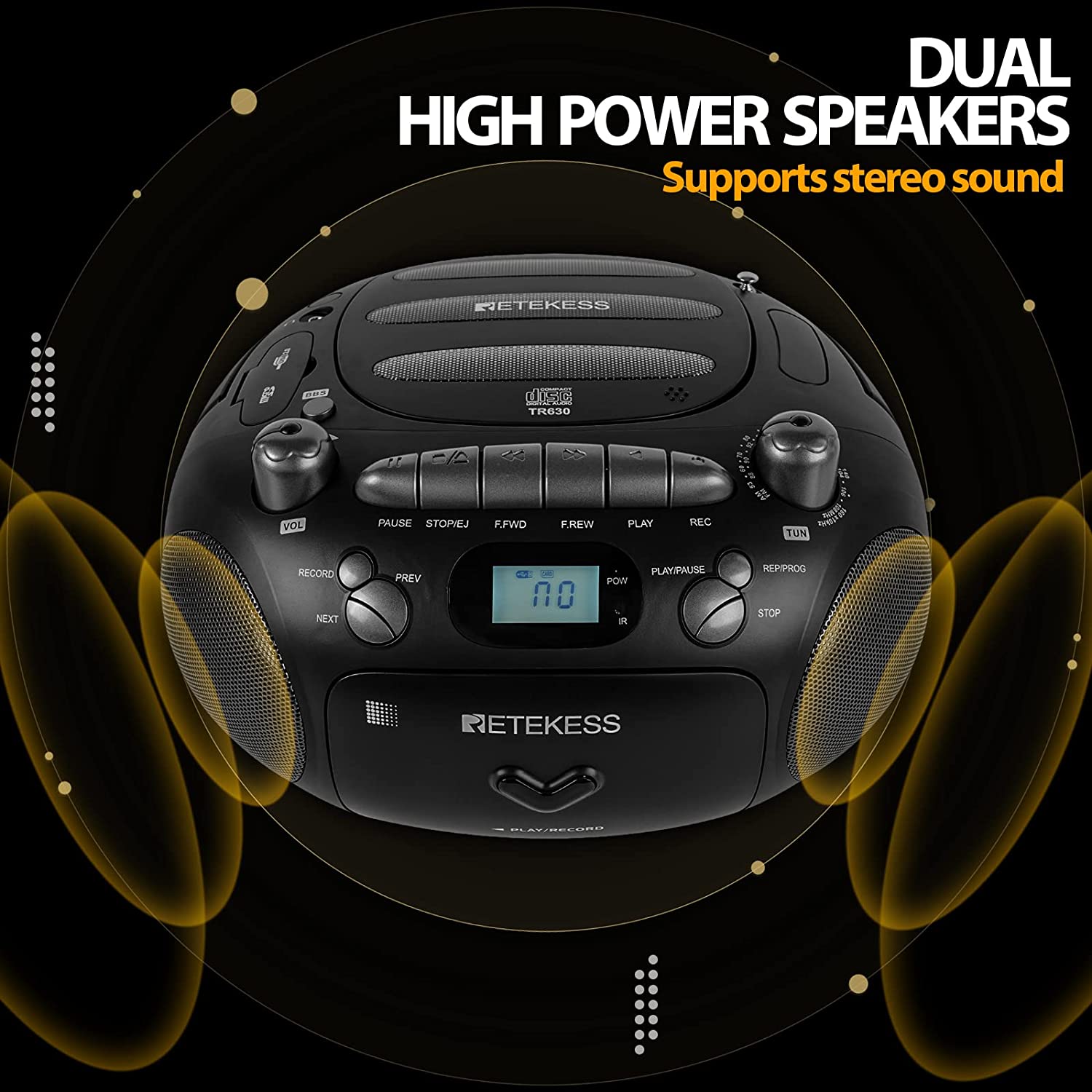 Retekess TR630 Lecteur CD Portable et Enregistreur de Cassettes avec Télécommande, Radio FM AM, Lecture USB/TF Carte, Piles et Secteur, Support Son Stéréo（Noir）
