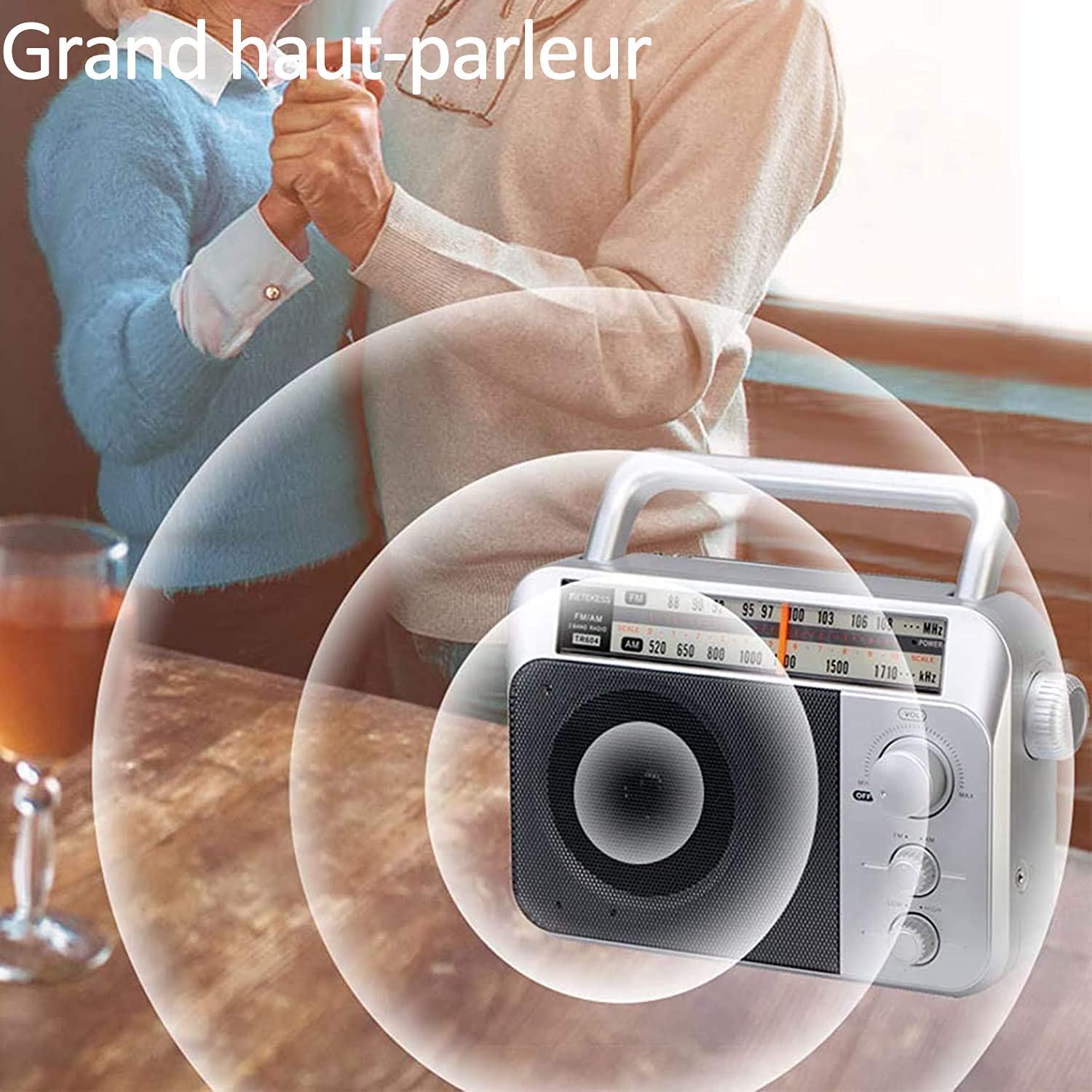 Retekess TR604 Radio Portable FM, Poste Radio Pile et Secteur, Antenne, Transistor, Enceinte, Prise Casque, pour Personnes Âgées (Argent)