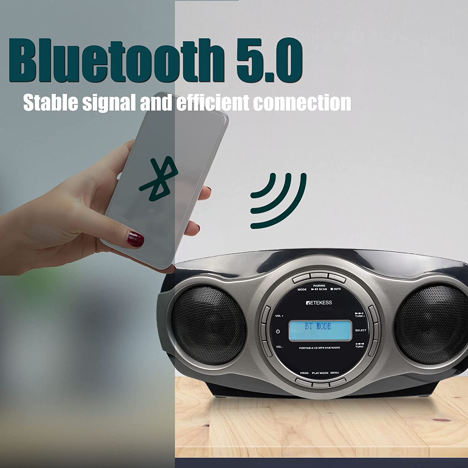 Retekess TR631 Dab Radio avec CD Lecteur, Portable CD Lecteur avec Bluetooth Boombox, Support USB AUX, Stéréo, Alarme, Minuterie de Veille , LCD Rétroéclairage, Stéréo (Noir)