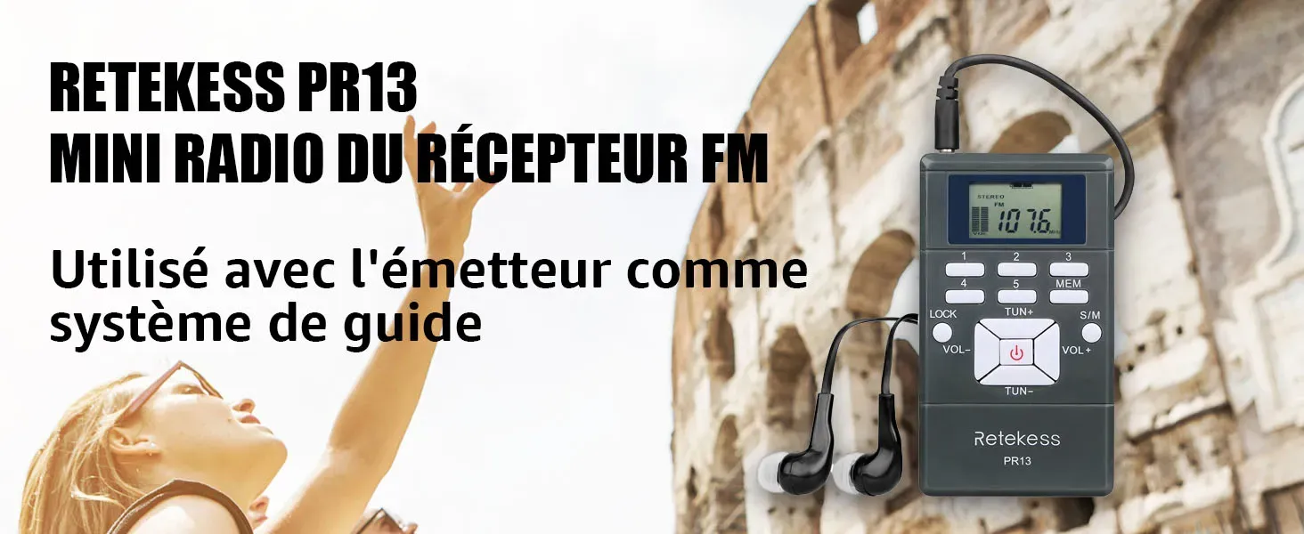 Retekess PR13 Mini Récepteur FM, Radio Portable Stéréo Horloge Numérique pour la Conférence Interprétation Simultanée et Équipe de Guide Touristique