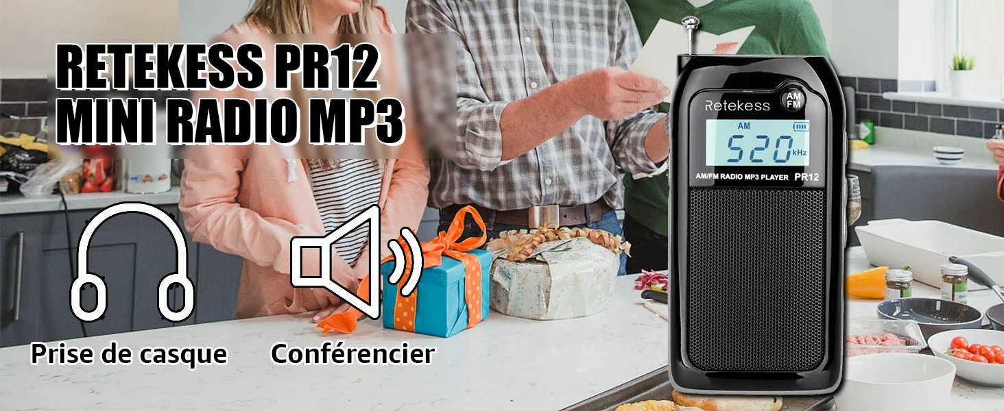 Retekess PR12 Petite Radio Portable, Mini Radio FM AM Rechargeable, DSP, Lecture MP3, TF Carte, Haut-Parleur, LCD Rétroéclairage, Cadeau de Noël