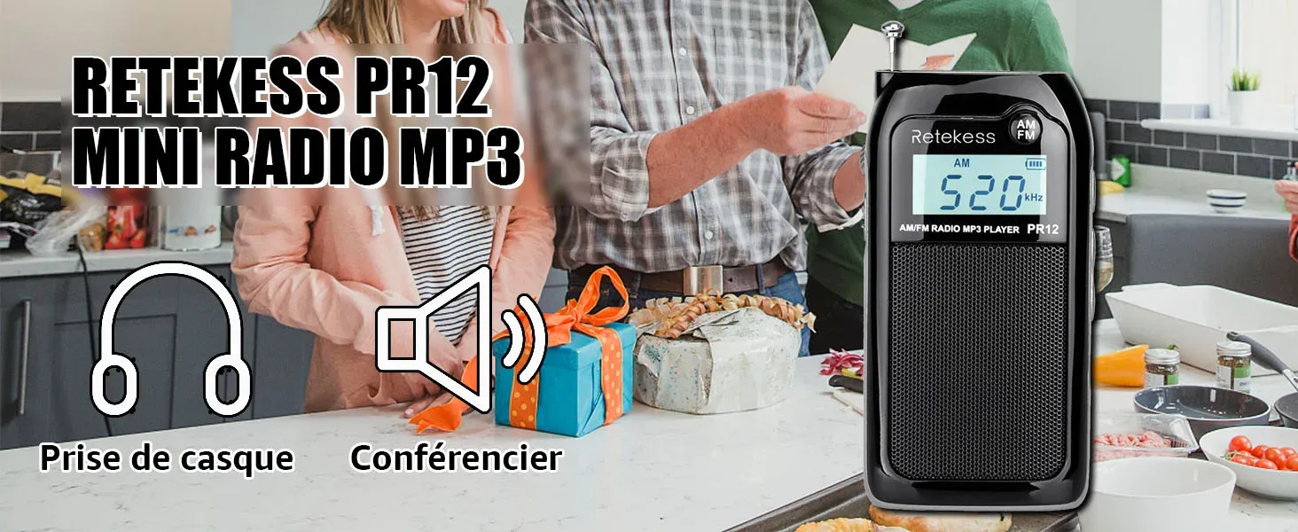 Retekess PR12 Petite Radio Portable, Mini Radio FM AM Rechargeable, DSP, Lecture MP3, TF Carte, Haut-Parleur, LCD Rétroéclairage, Cadeau de Noël