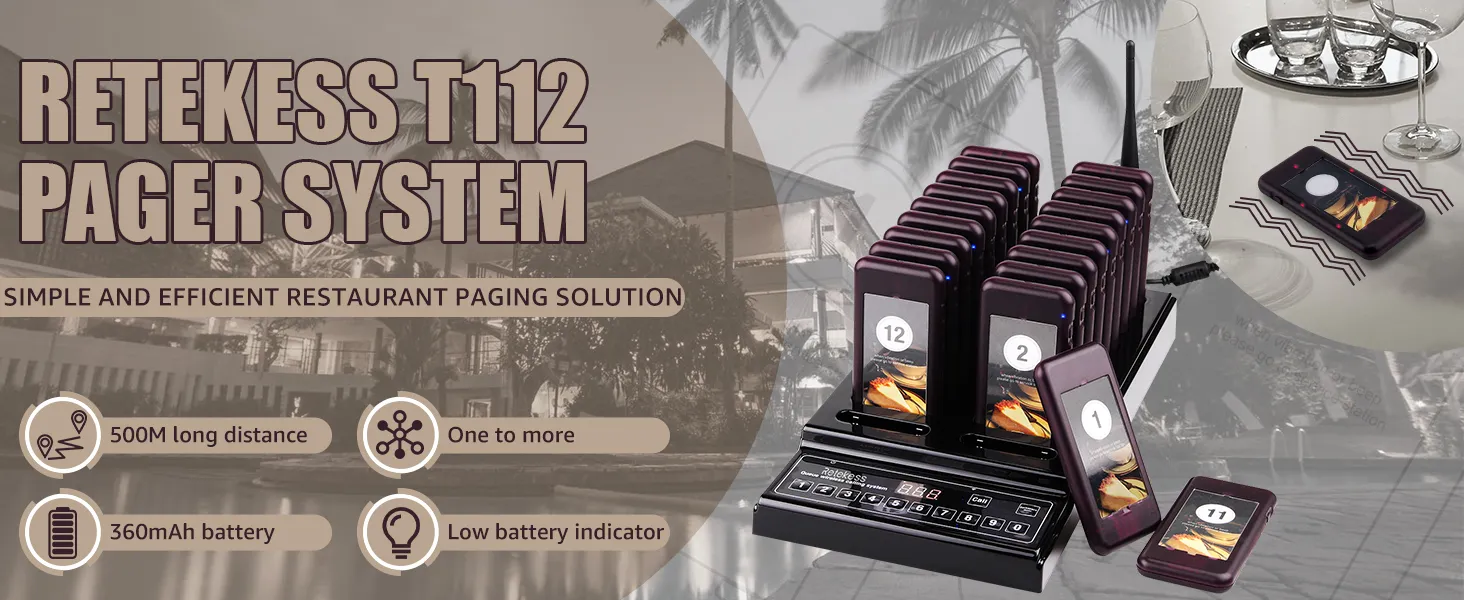 Retekess T112 Bipeur Restaurant Système d’Appel Pager System Amélioré 20 Bipper Longue Portée 999 Canaux Rester Distanciation Sociale sans Contact pour Restaurant Bar Hôpital Snack Café