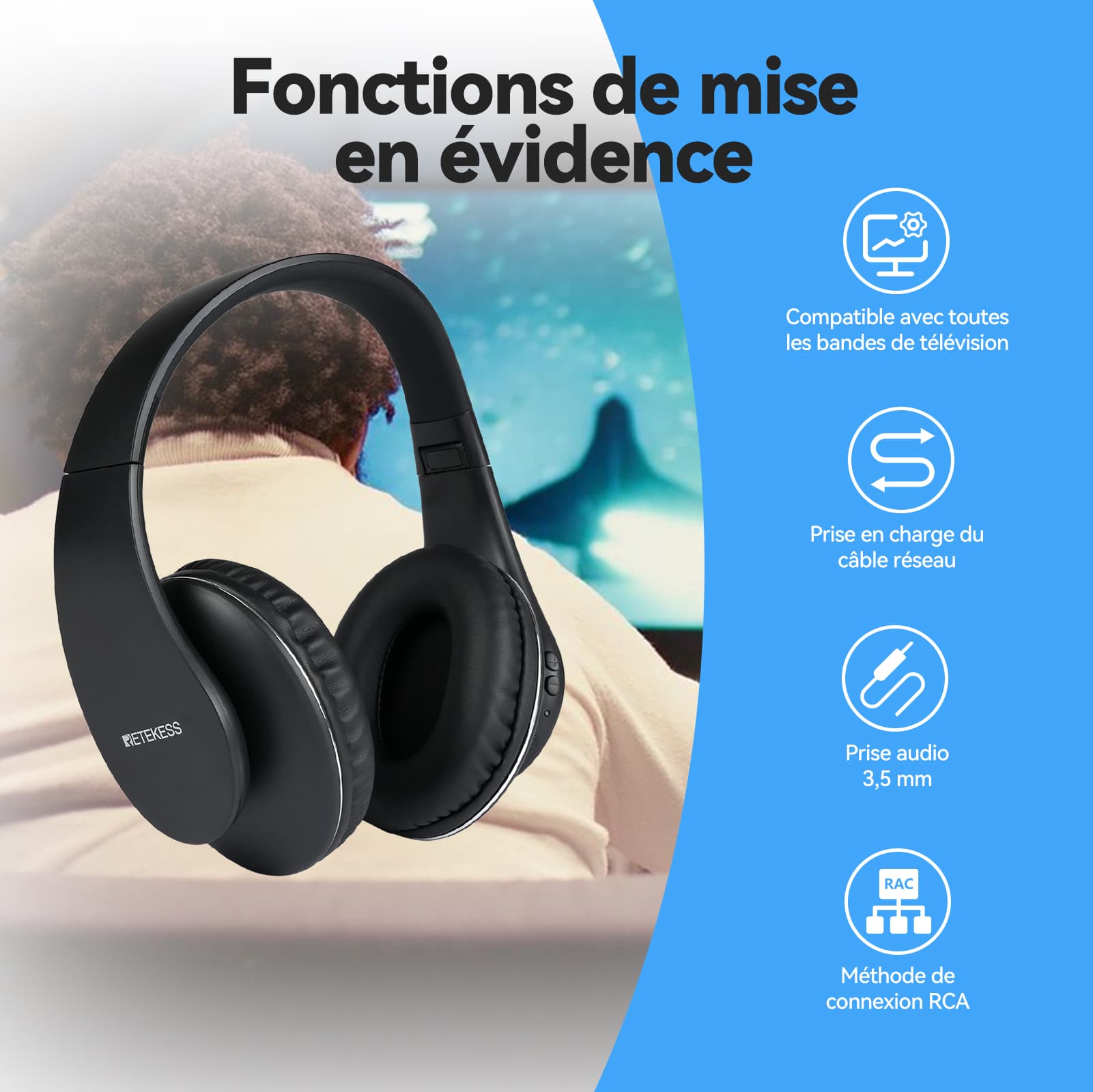 Casque TV sans Fil Stéréo Rechargeable Longue Portée Retekess TA005P