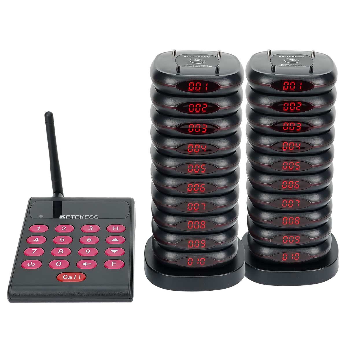 Retekess TD161 Bipeur Restaurant avec Support,500M Système de Pager avec Emetteur à Clavier sans Charge, Batterie 1000mAh Intégrée, 10 Pagers pour Camion de Nourriture, Café