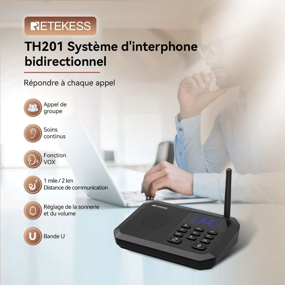 Retekess TH201 Interphones Bidirectionnels Longue Portée Sans fil de 5280 Pieds pour Entreprise, Bureau, Hôtel, Maison