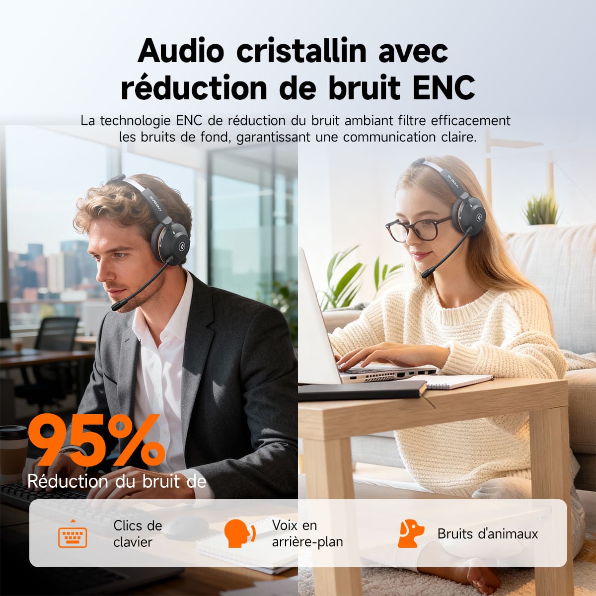 Le casque sans fil à réduction de bruit SVN H1 avec microphone et dongle USB est idéal pour les réunions en ligne