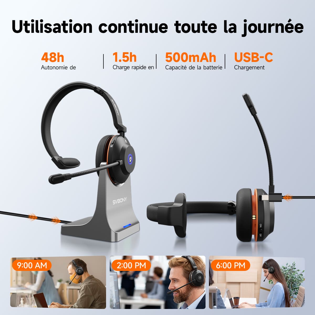 Le casque sans fil à réduction de bruit SVN H1 avec microphone et dongle USB est idéal pour les réunions en ligne