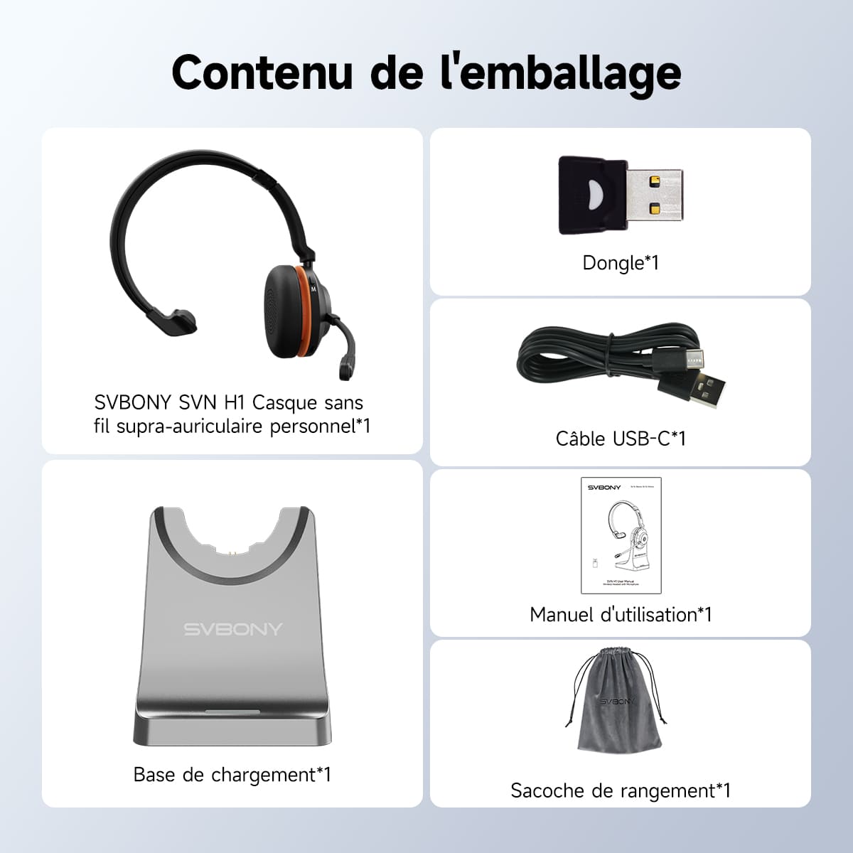 Le casque sans fil à réduction de bruit SVN H1 avec microphone et dongle USB est idéal pour les réunions en ligne