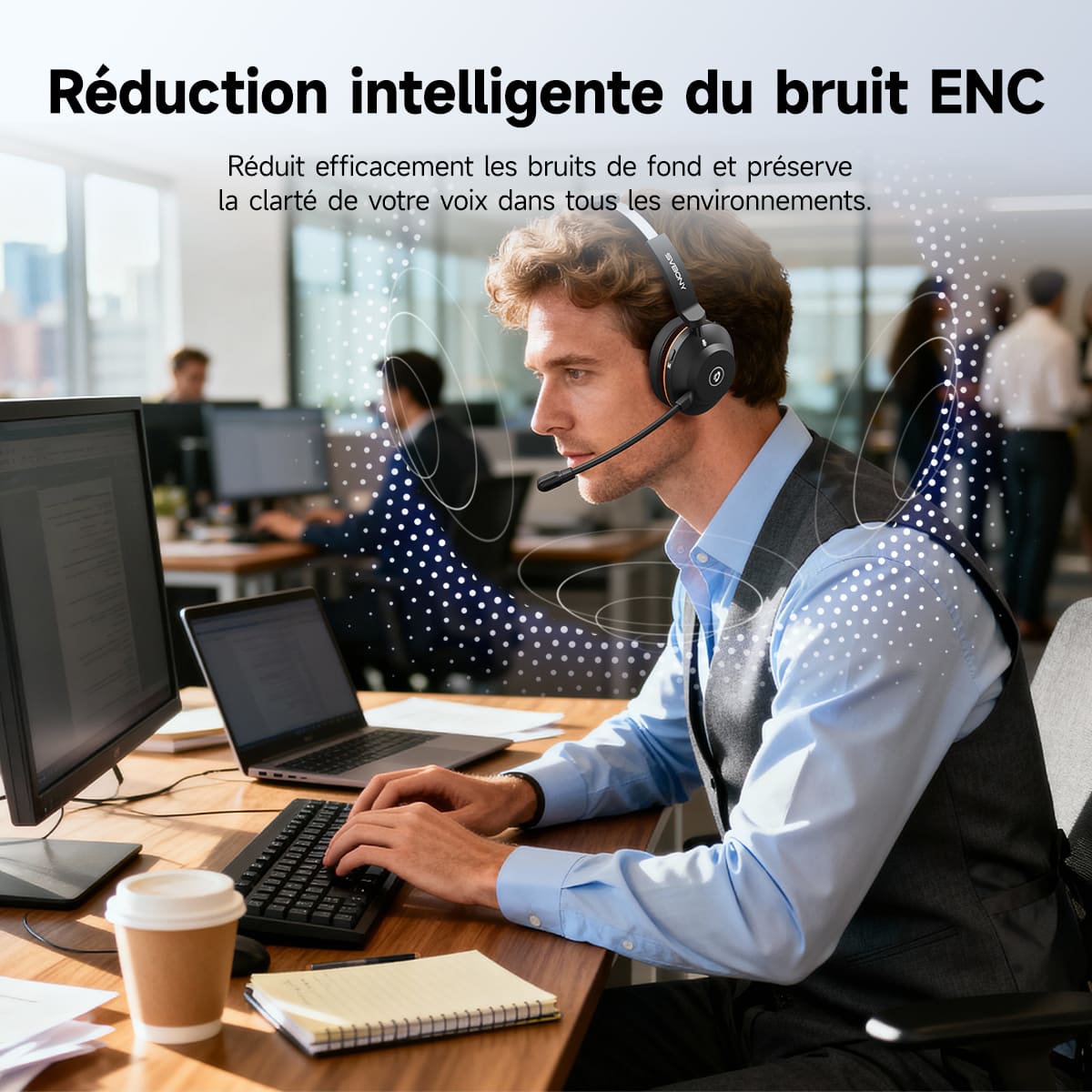 Le casque sans fil à réduction de bruit SVN H1 avec microphone et dongle USB est idéal pour les réunions en ligne