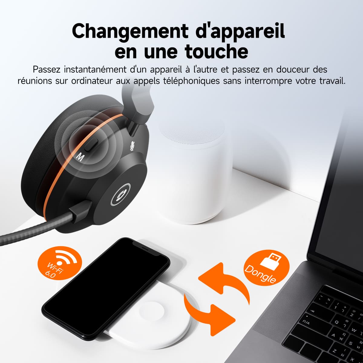 Le casque sans fil à réduction de bruit SVN H1 avec microphone et dongle USB est idéal pour les réunions en ligne