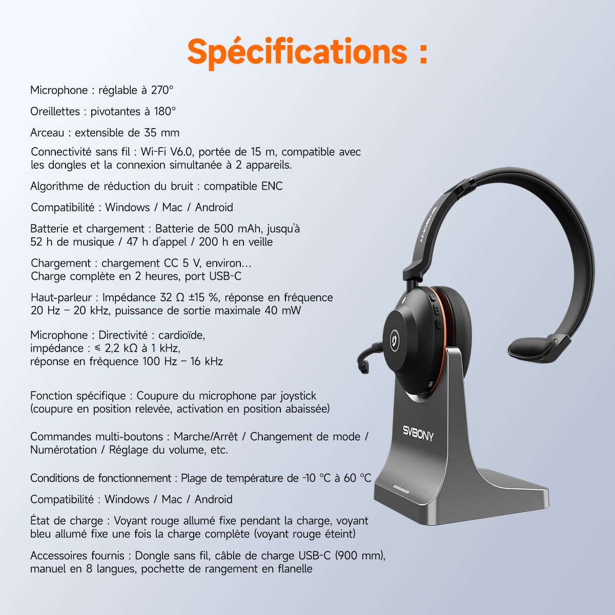 Le casque sans fil à réduction de bruit SVN H1 avec microphone et dongle USB est idéal pour les réunions en ligne
