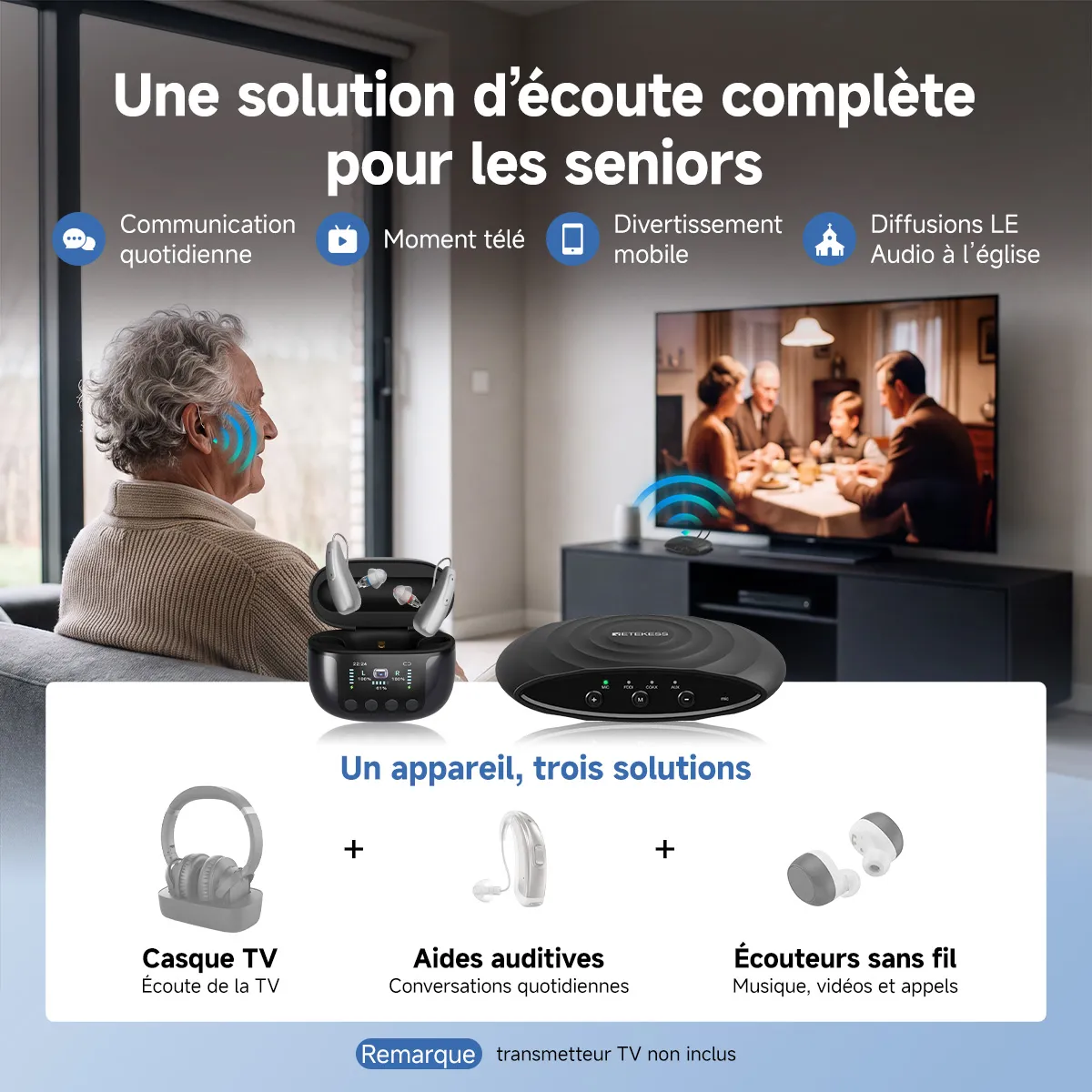 TE102 Aide Auditive RIC Bluetooth avec Boîtier de Recharge et Désinfection UV-C et Transmetteur TV