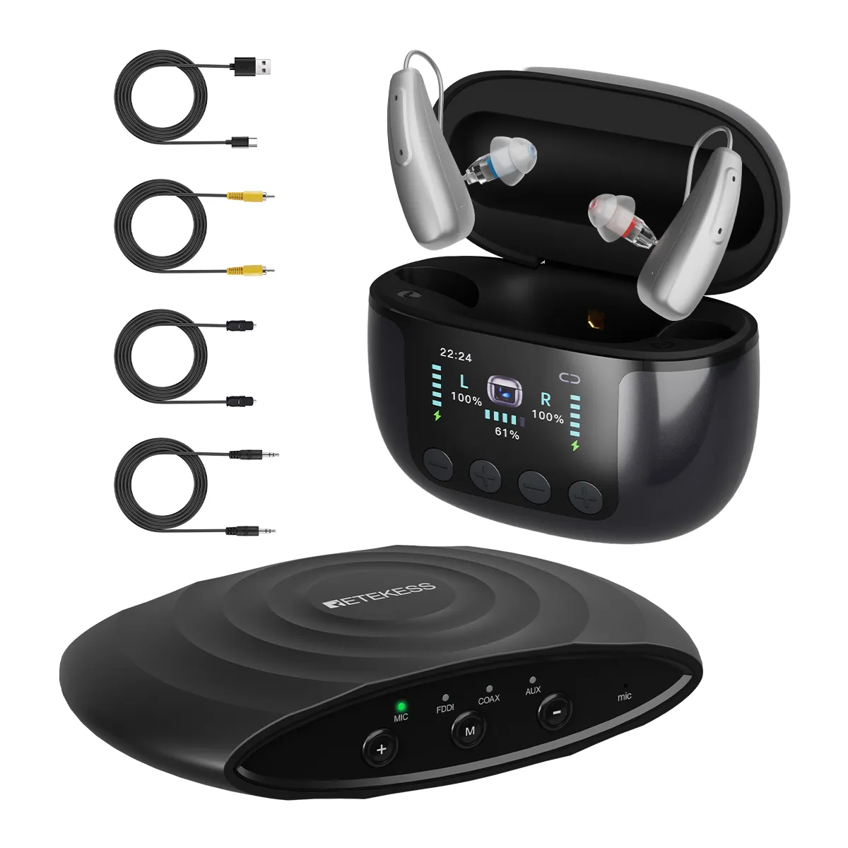 TE102 Aide Auditive RIC Bluetooth avec Boîtier de Recharge et Désinfection UV-C et Transmetteur TV